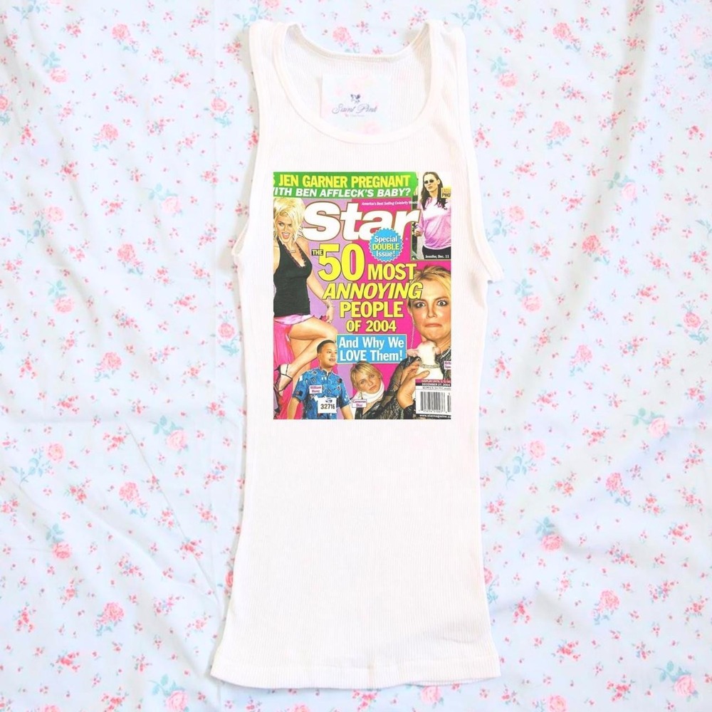 y2k star magazine graphic white ribbed tank top 2000s celebrity